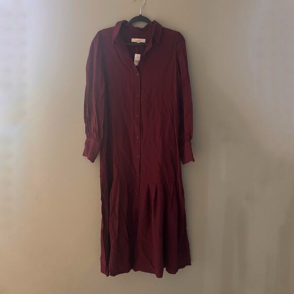 Loft Long Sleeve NWT Button Down Pleated Midi Shirt Dress - Picture 2 of 7